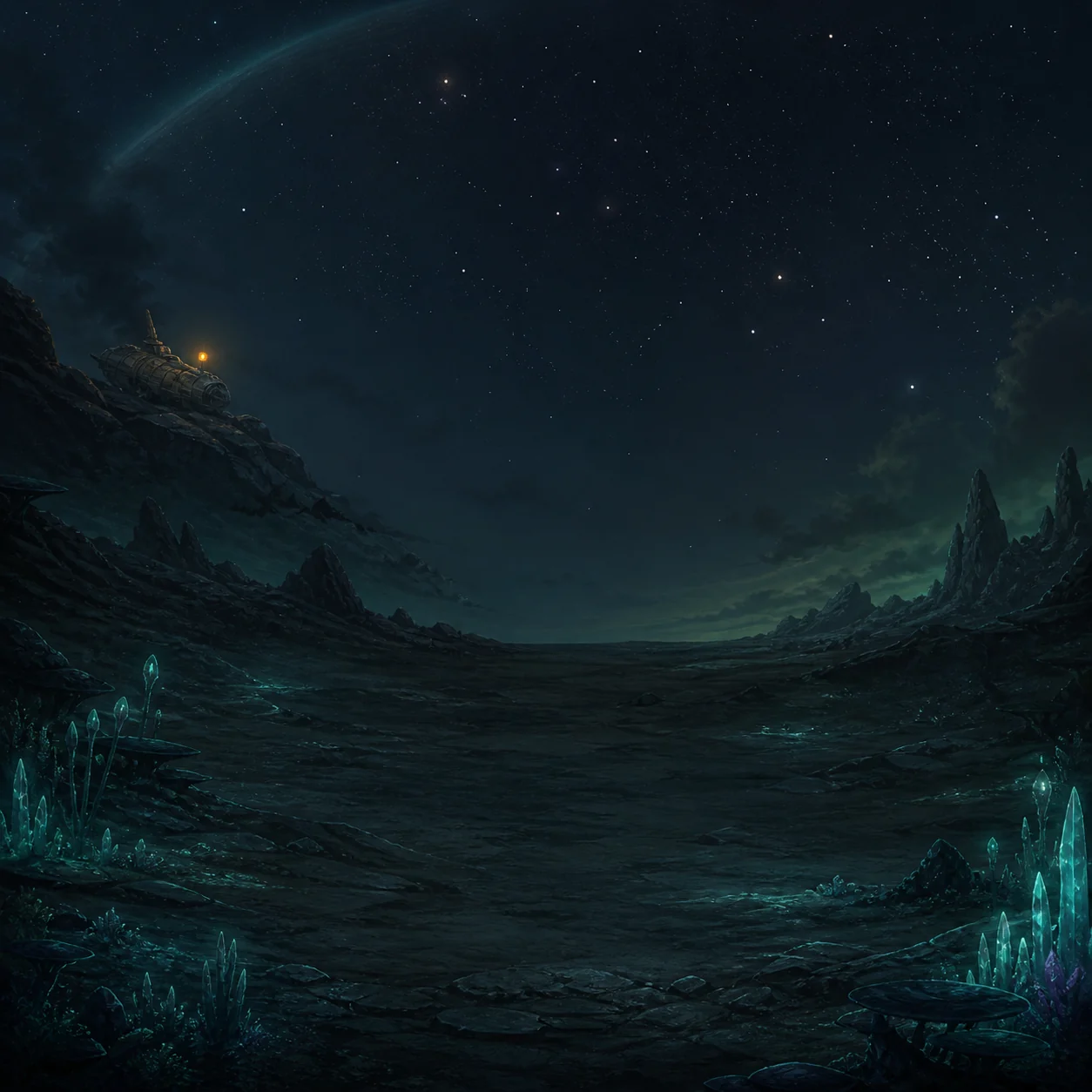 The Wanderer-77 crash site beneath an unfamiliar sky in Mythical Void